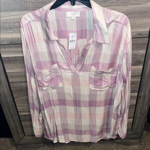 LOFT Purple and Cream Plaid V Neck Lightweight-Summer evening Style Top